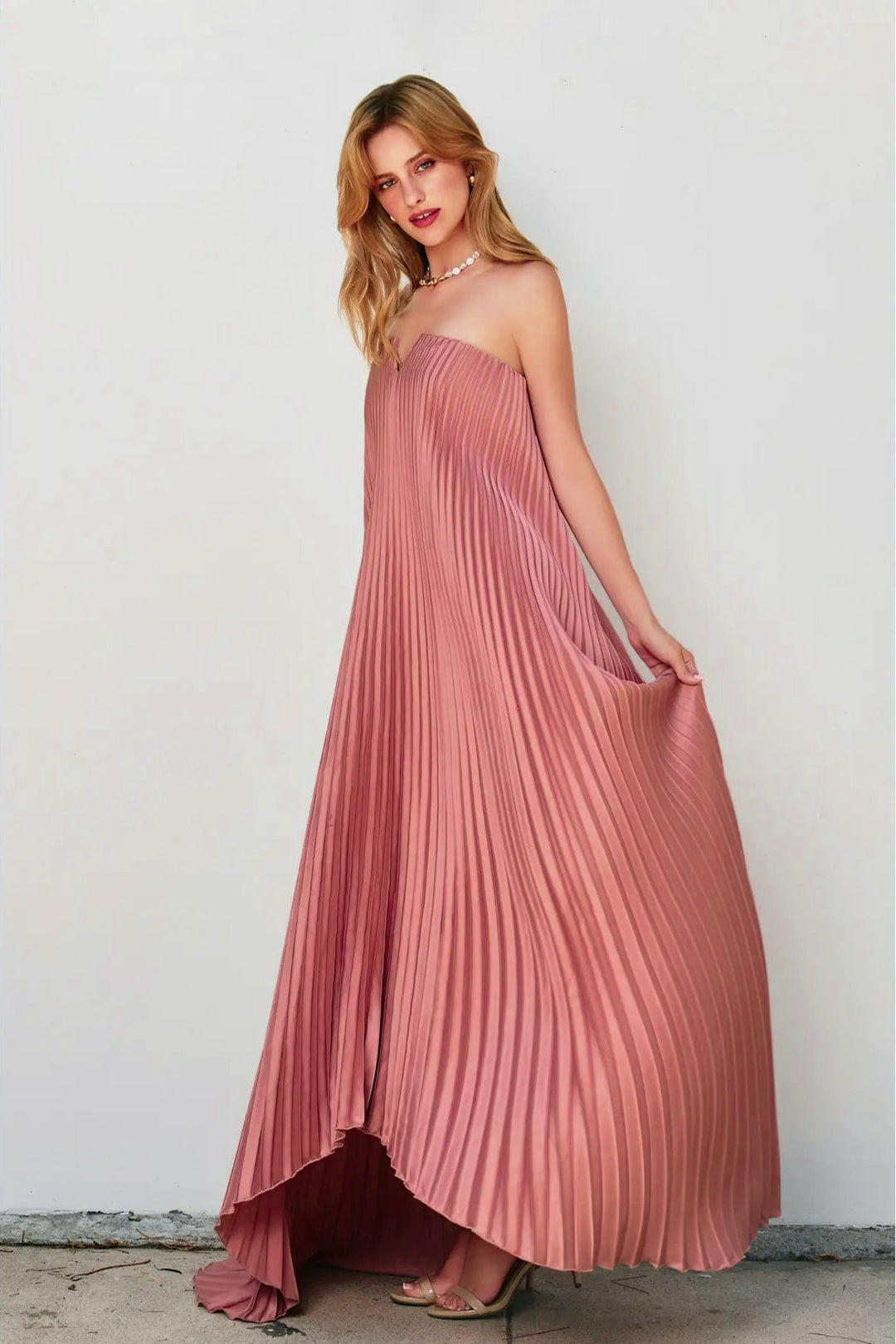strapless pleated maxi dress mauve 