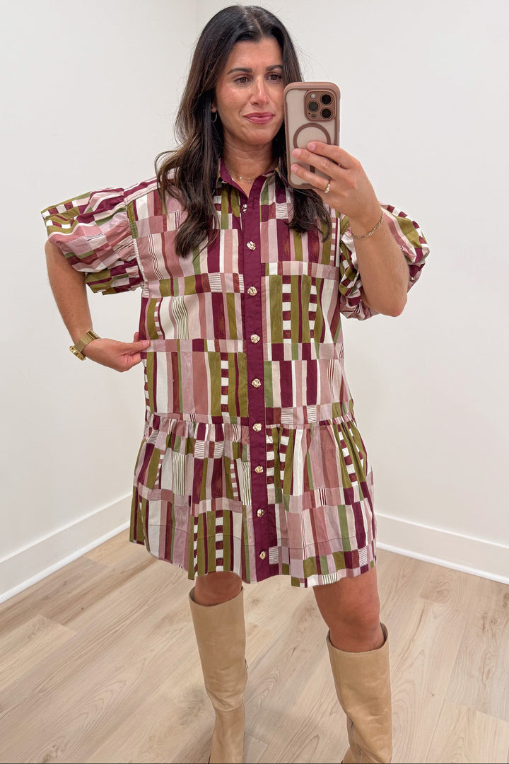plum and multicolored abstract print short sleeve button front relaxed silhouette short dress