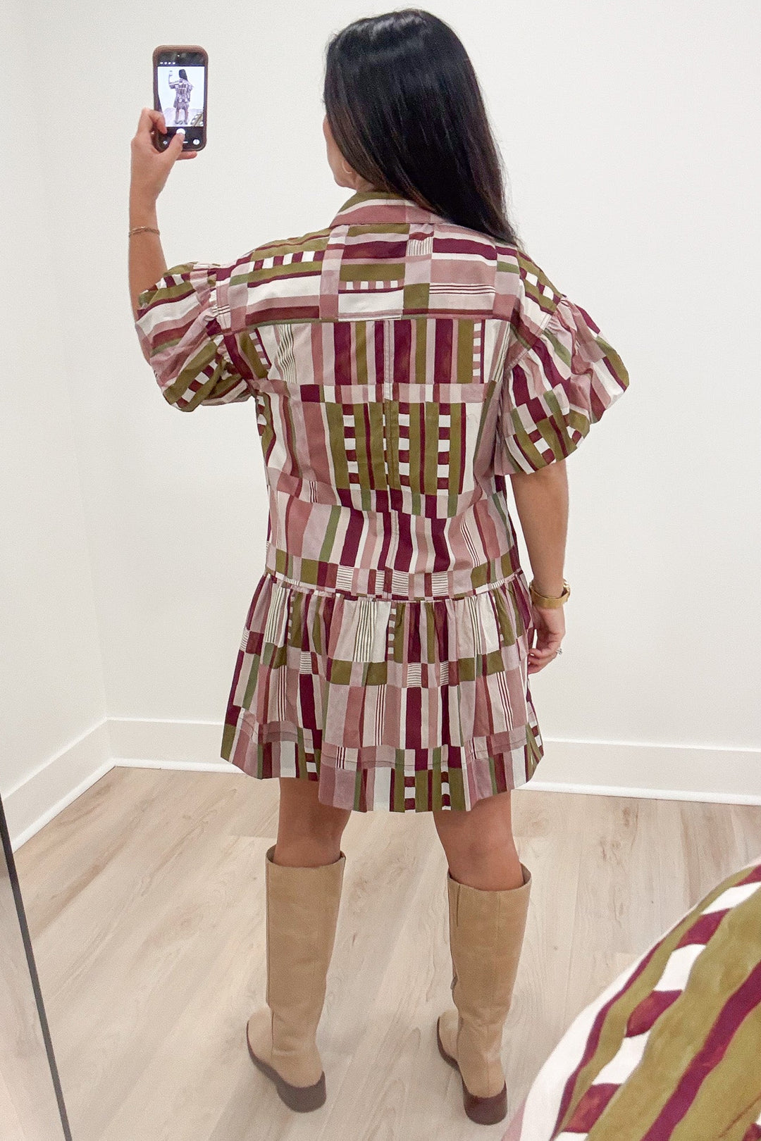 plum and multicolored abstract print short puff sleeve button front short dress