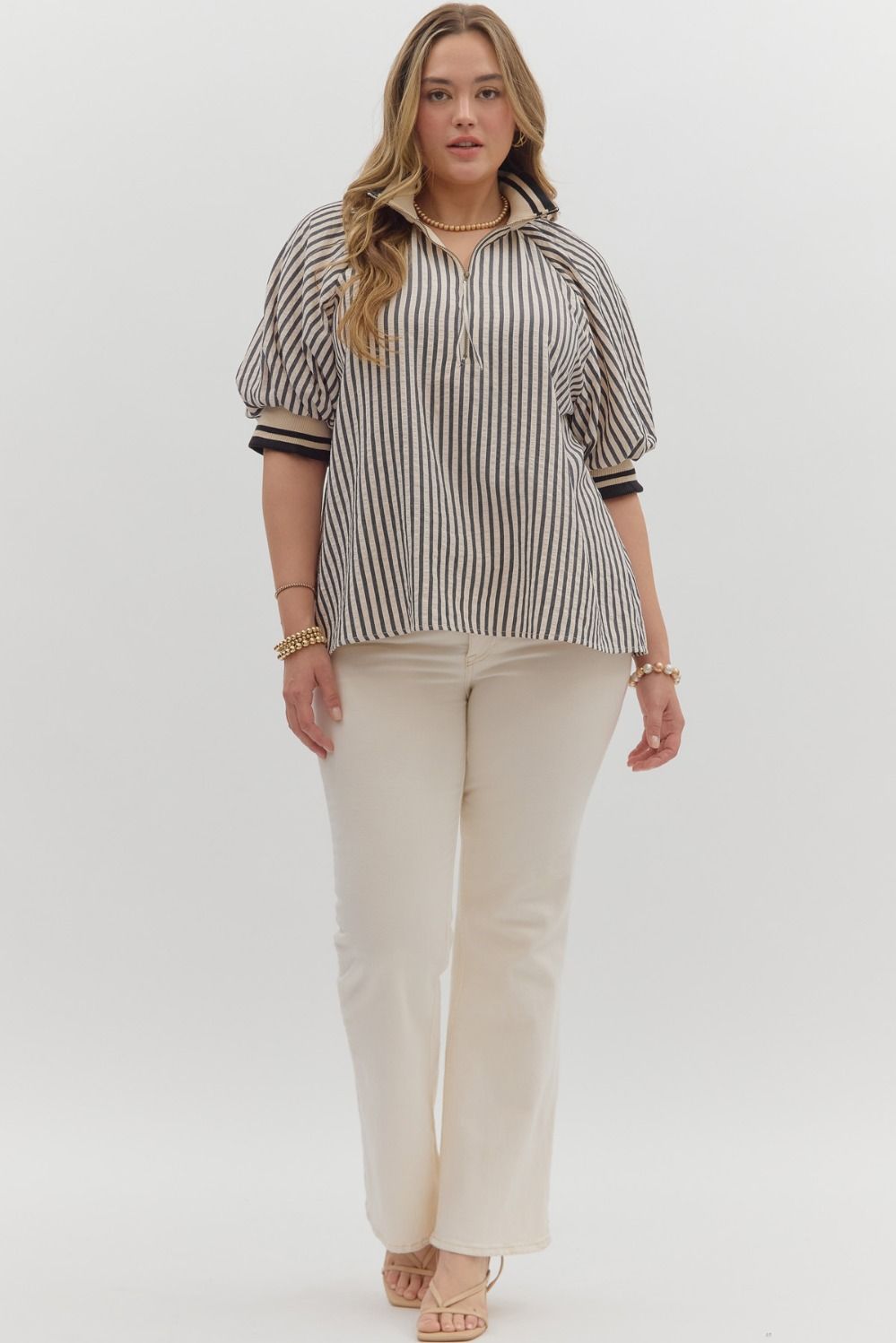 Women's plus black and cream striped top with black and cream ribbed trim detail by Entro showing full front view