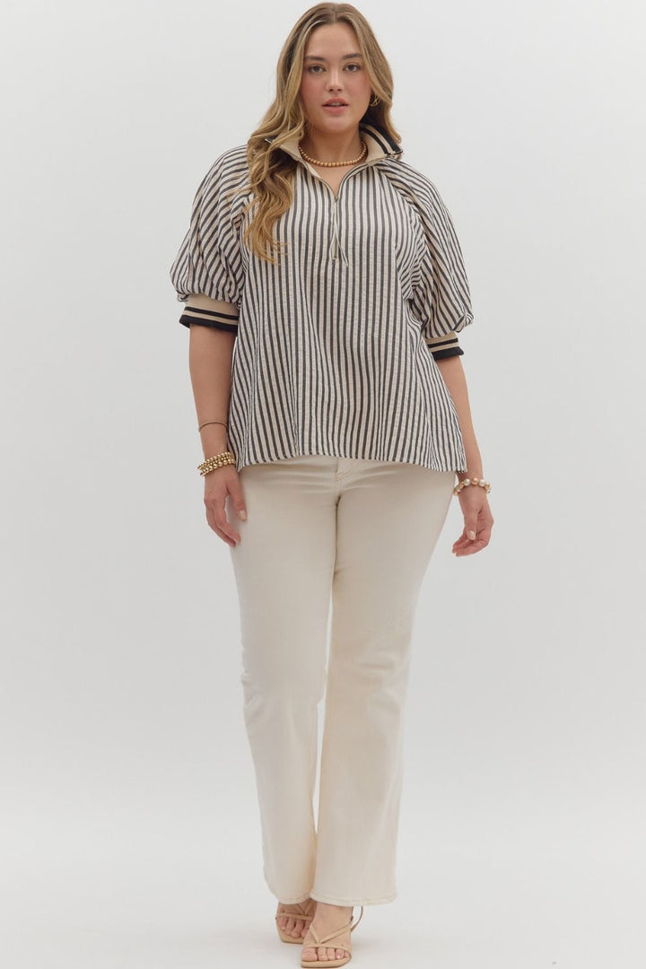 Women's plus black and cream striped top with black and cream ribbed trim detail by Entro showing full front view