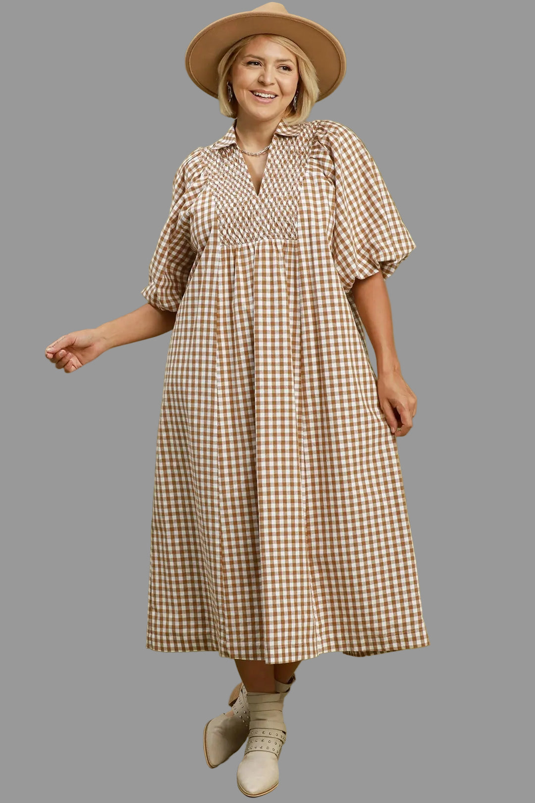 caramel gingham midi dress
