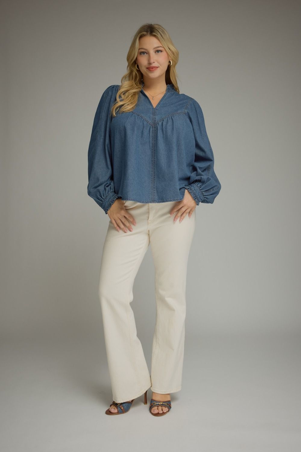 Entro plus size washed denim babydoll top with stitching details