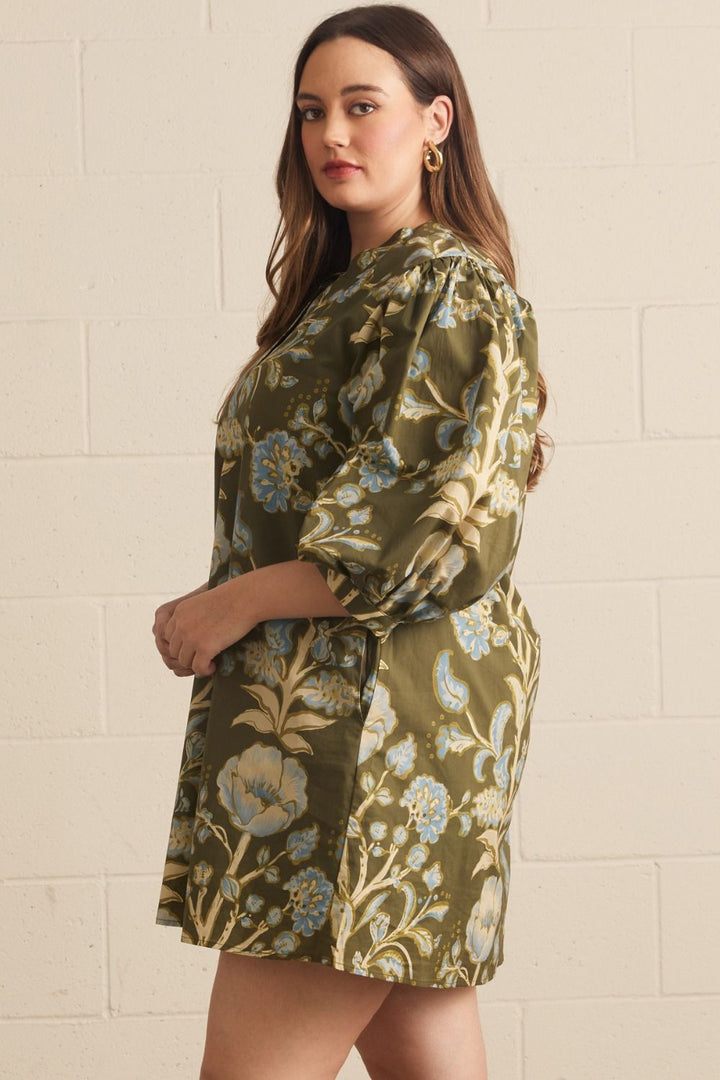 entro olive floral print plus dress with pockets