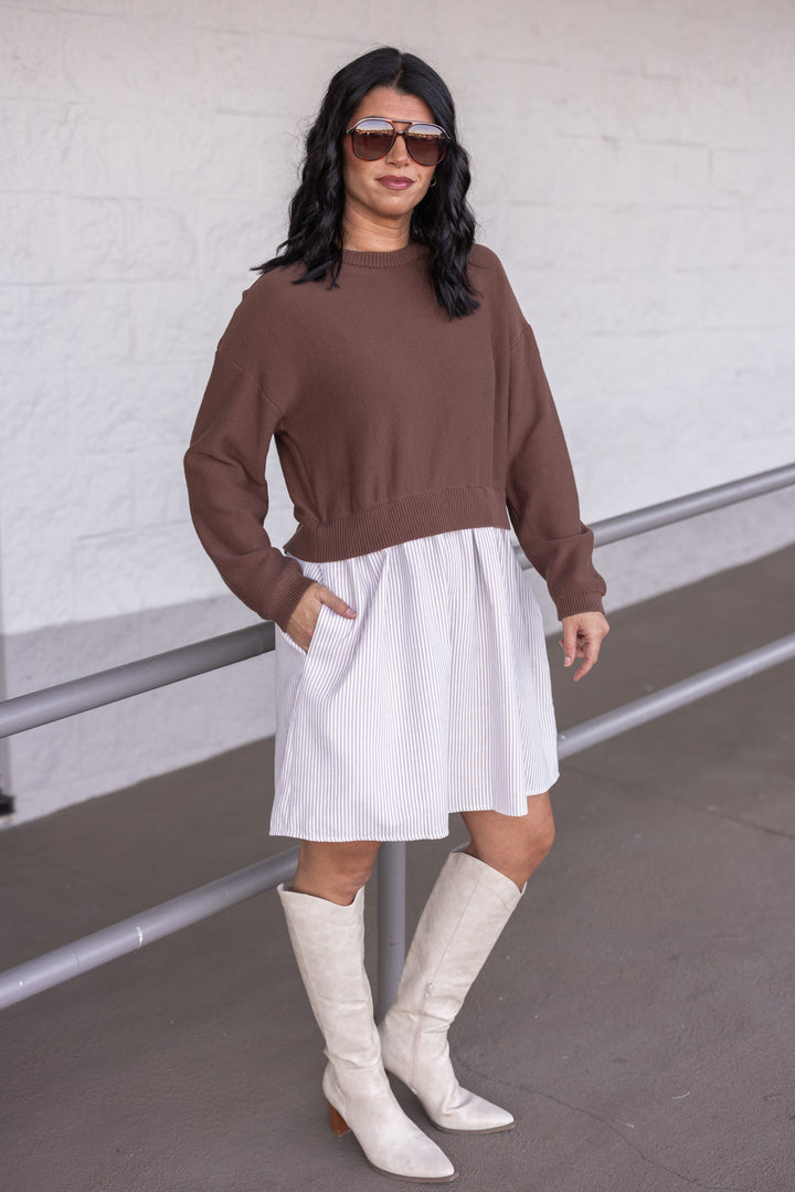 Women's taupe and cream dress with attached brown knit cropped cardigan by In February showing slight side view