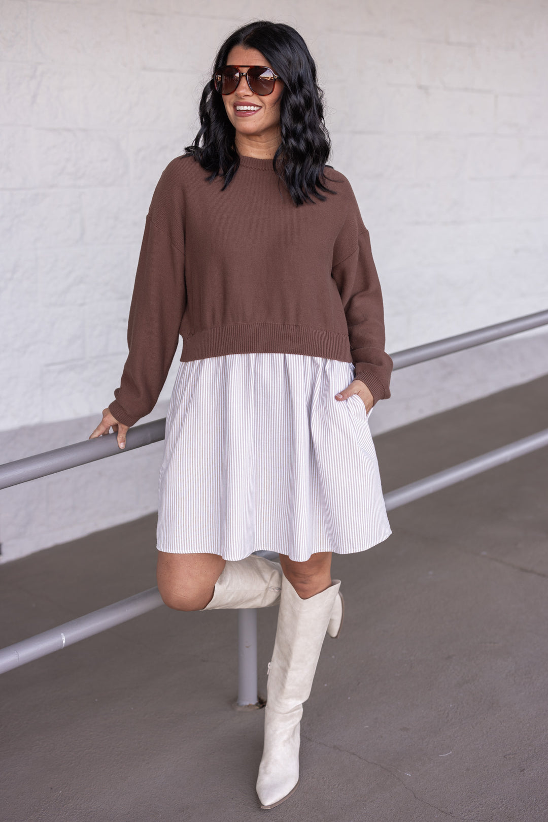 Women's taupe and cream dress with attached brown knit cropped cardigan by In February