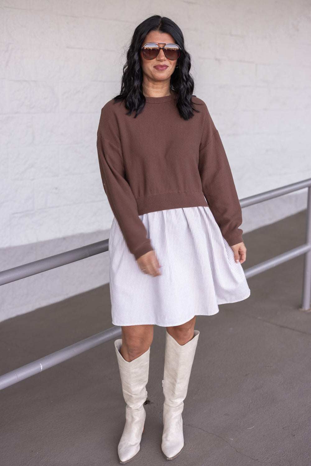 Women's taupe and cream dress with attached brown knit cropped cardigan by In February showing full front view