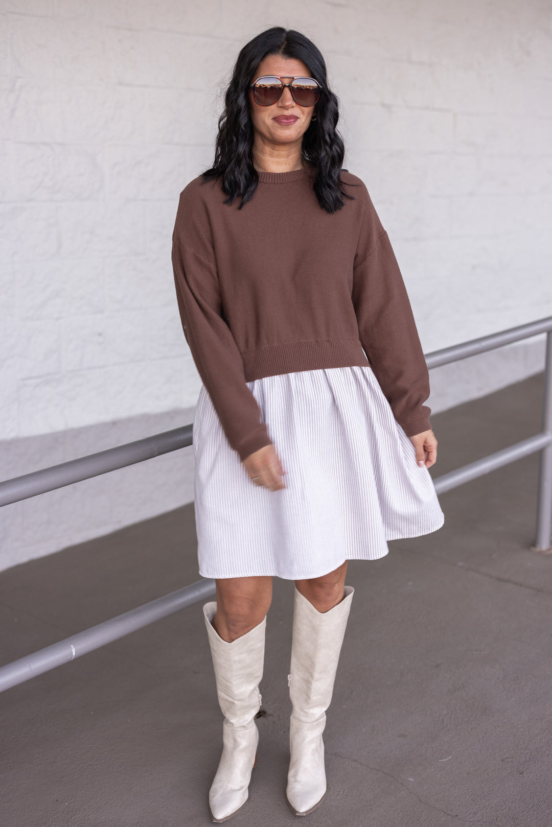 Women's taupe and cream dress with attached brown knit cropped cardigan by In February showing full front view