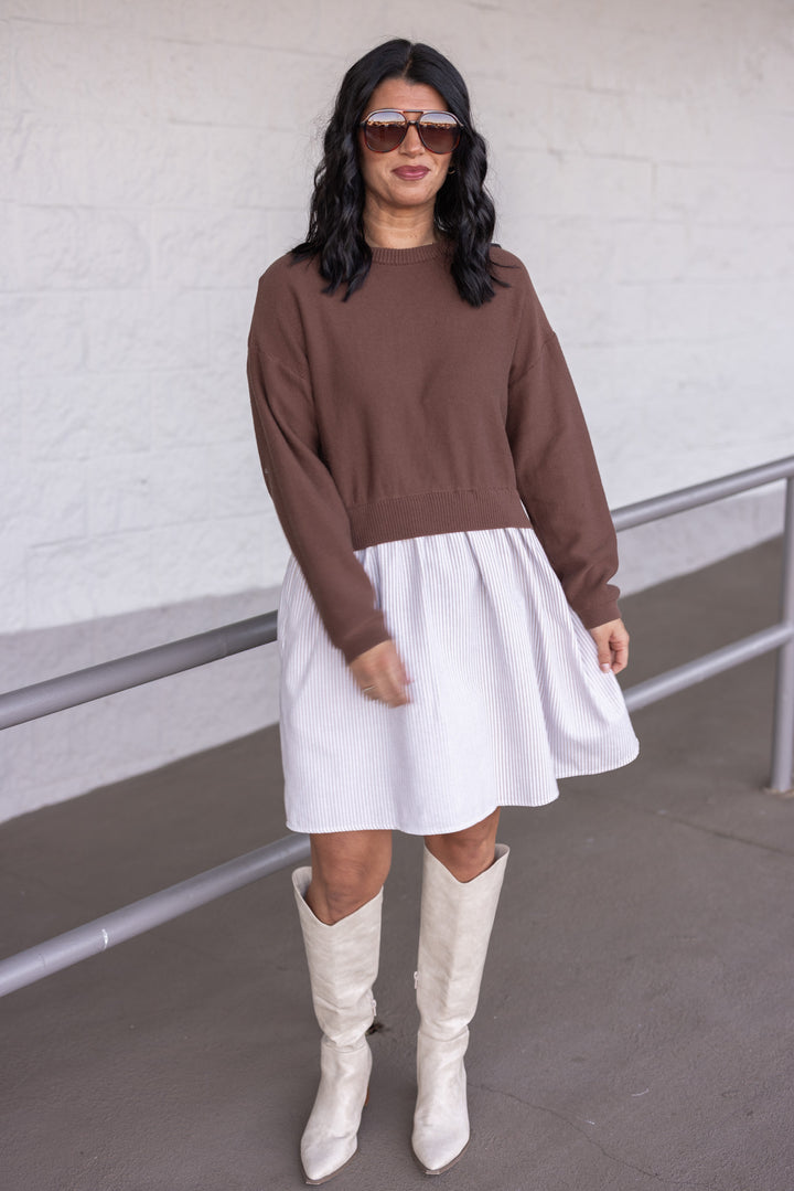 Women's taupe and cream dress with attached brown knit cropped cardigan by In February showing full front view