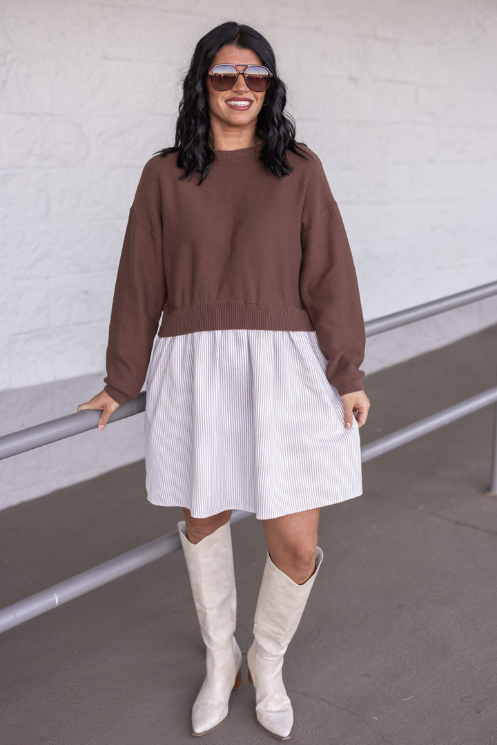 Women's taupe and cream dress with attached brown knit cropped cardigan by In February, perfect for family gatherings