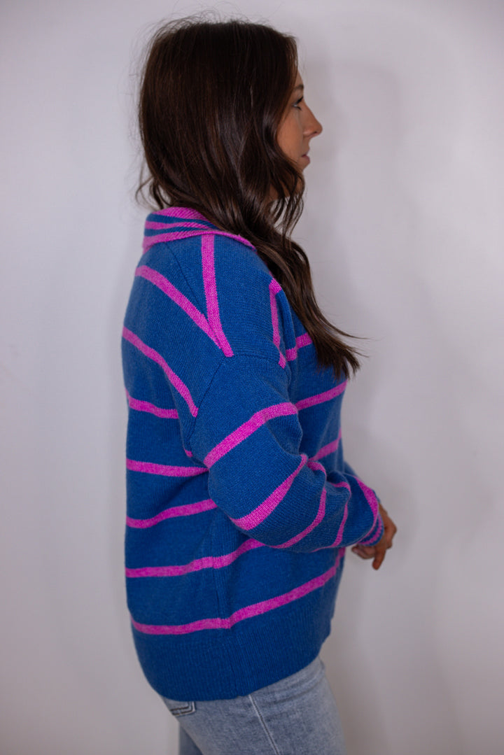 blue pink stripe collared sweater