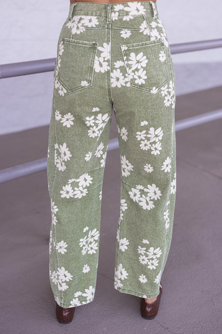 Women's washed olive twill floral print wide leg barrel pants by Entro showing back view