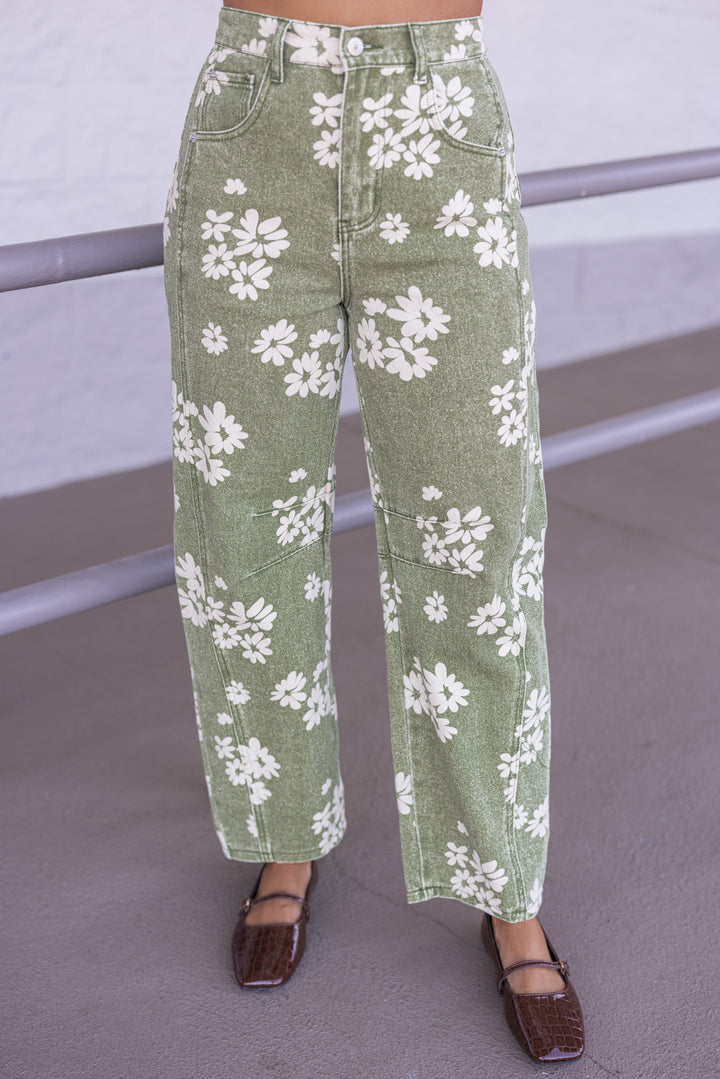 Women's washed olive twill floral print wide leg barrel pants by Entro