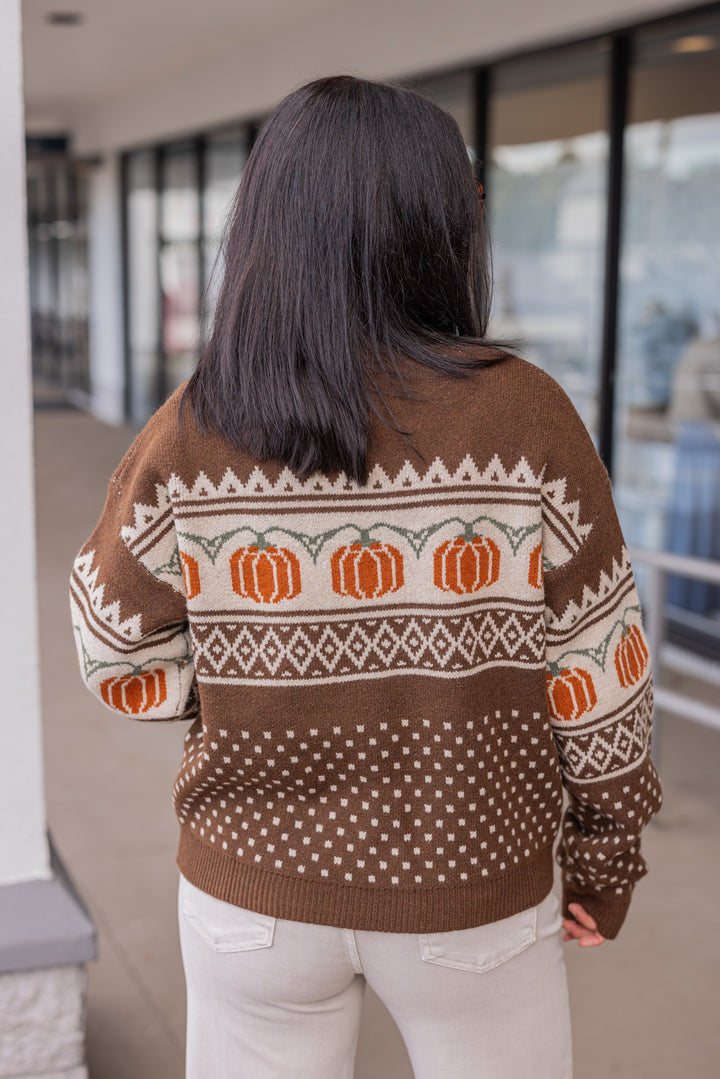 Women's chocolate brown and taupe sweater with orange pumpkin print by Entro showing up close back view