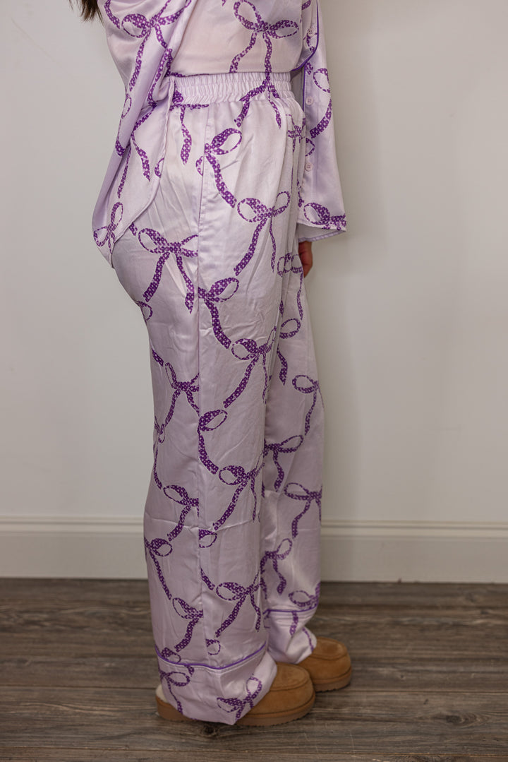 purple bow satin pajama pants