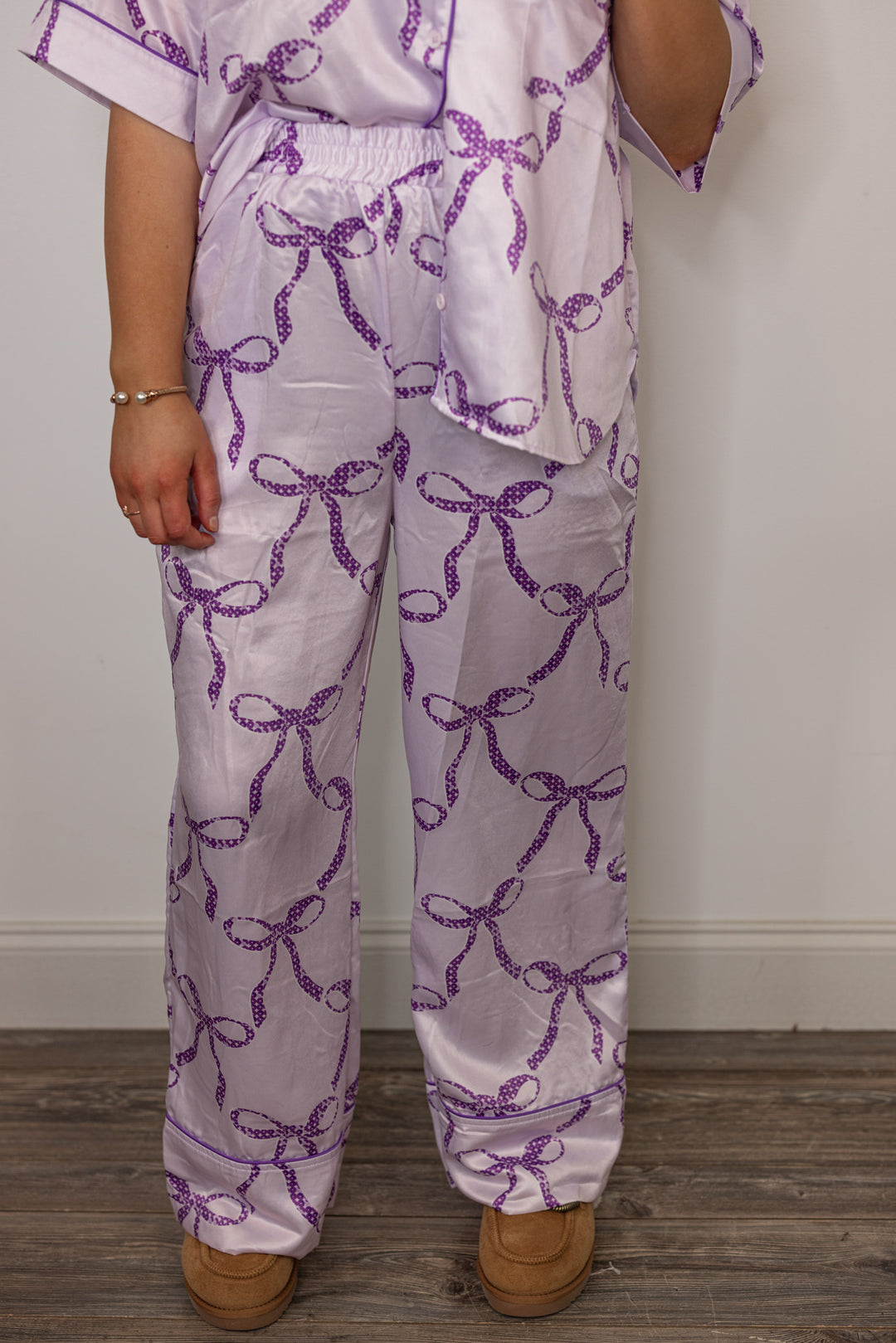 purple bow satin pajama pants