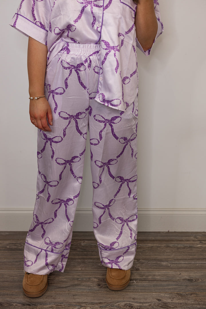 purple bow satin pajama pants