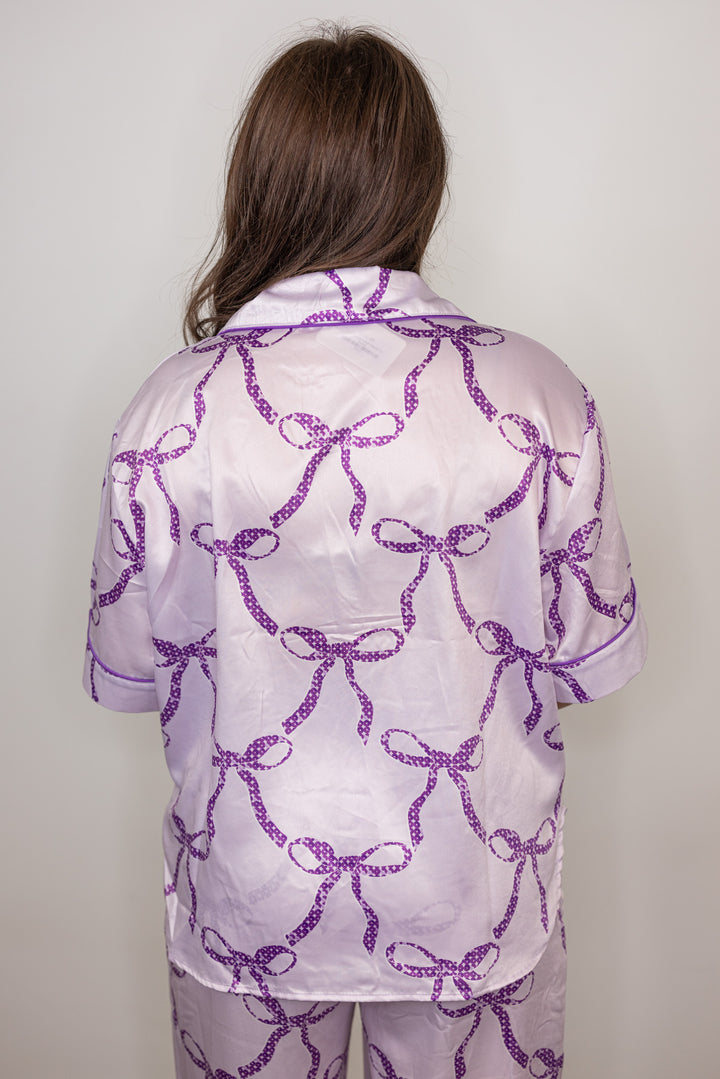 purple bow satin pajama top
