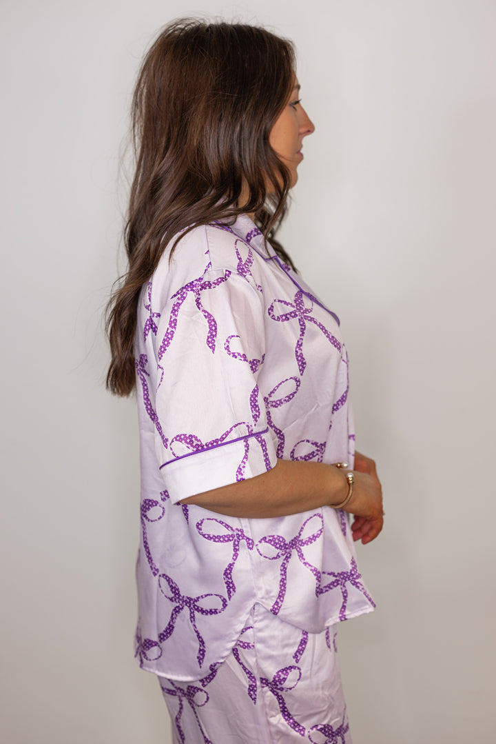 purple bow satin pajama top