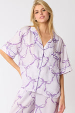 Peach Love California Light purple satin button down pajama top with dark purple bow tie print