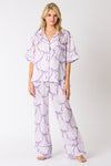 Peach Love California Light purple satin pajama pants with dark purple bow tie print