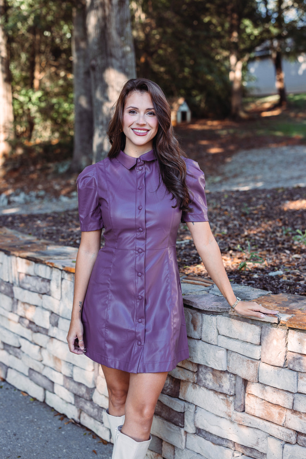 karlie purple faux leather mini dress