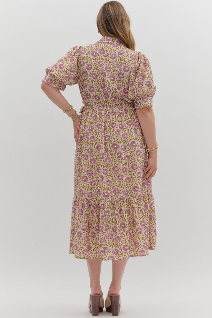 Women's cream button front midi dress with purple floral print by Entro in Plus showing back view
