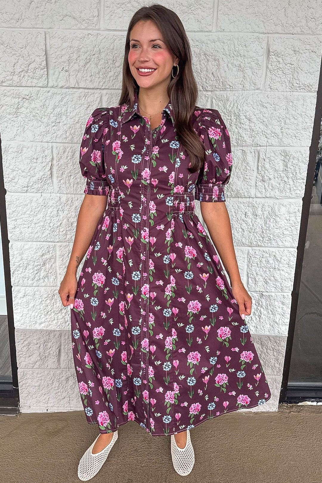eggplant purple with pink and blue floral print button front midi dress with flowy skirt