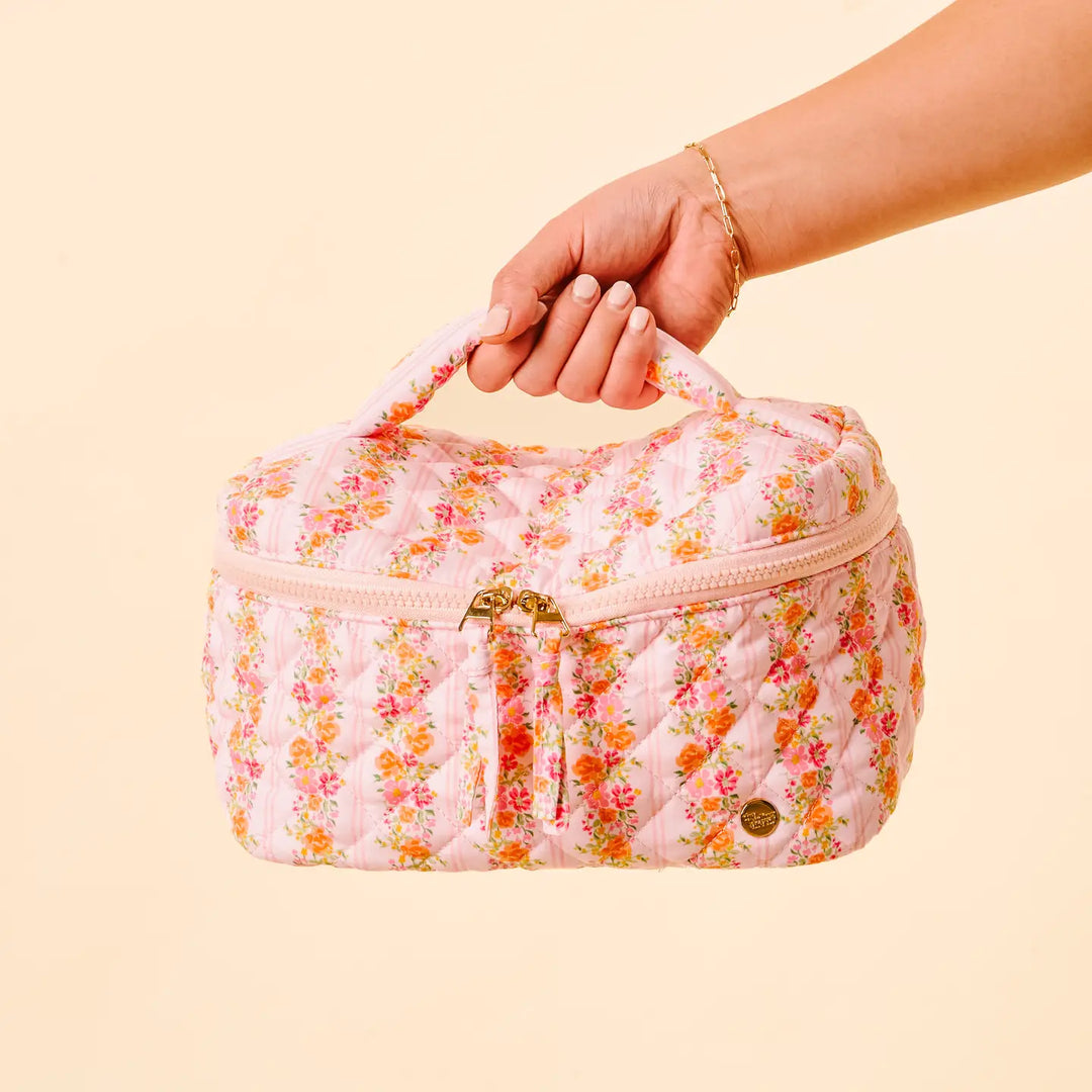 floral quilted cosmetic bag zipper