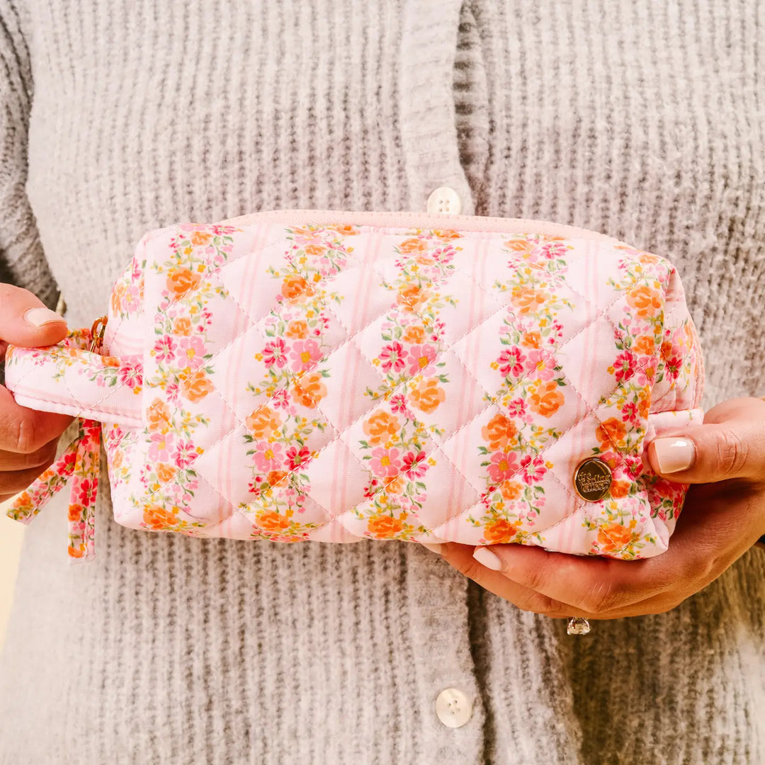 quilted floral pink cosmetic case