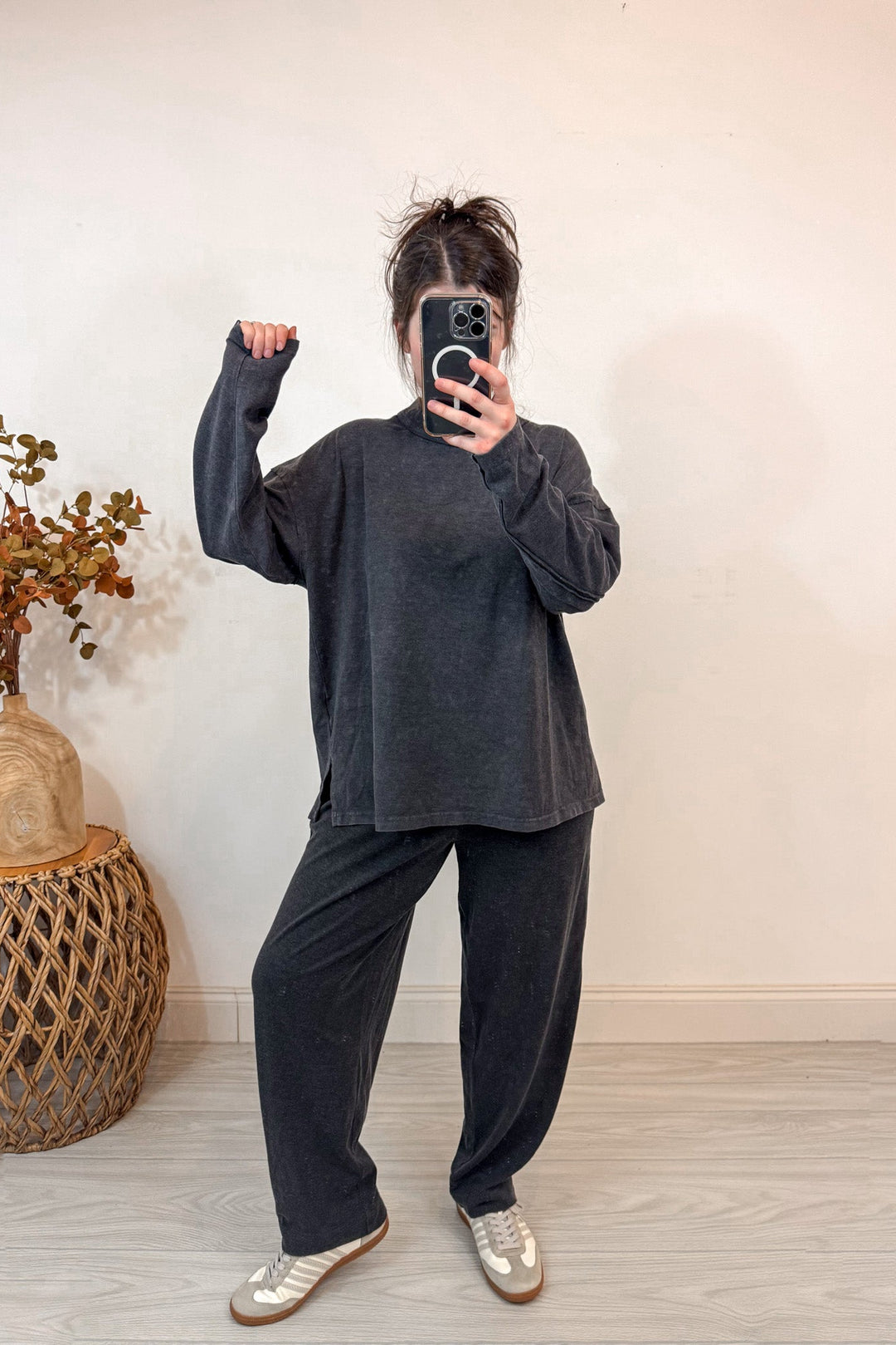 rae mode black mock neck matching pants set arm