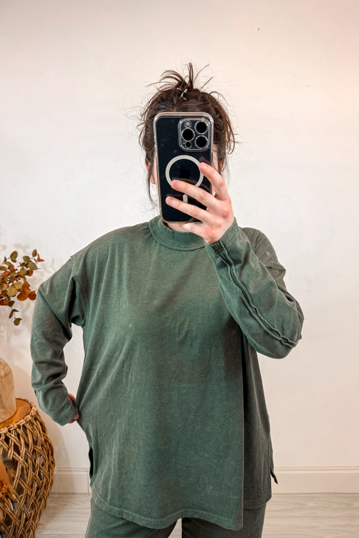 rae mode forest green mock neck matching pants set top