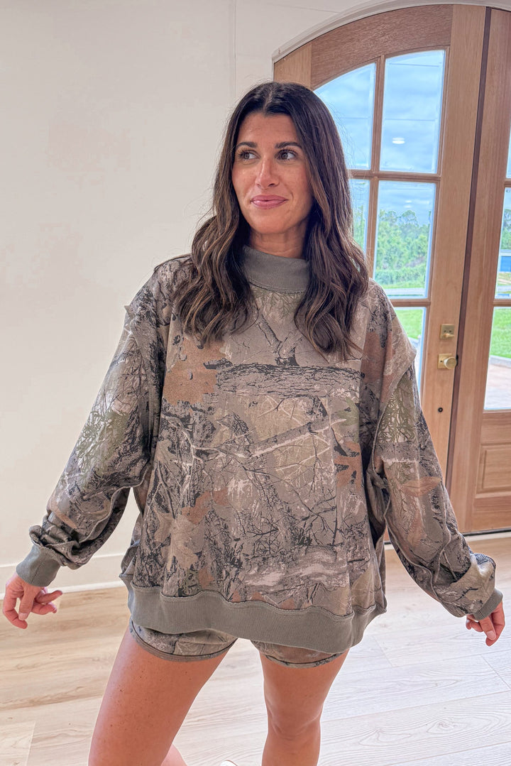 oversized real tree camouflage mock neck pullover