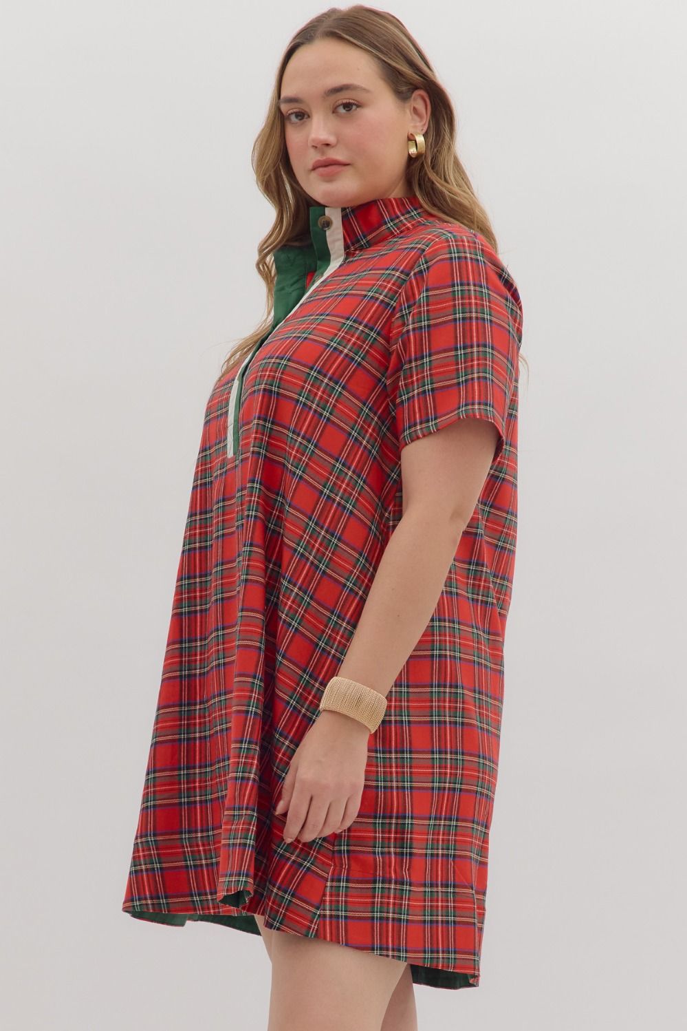 Women's red plaid dress with button front bodice and green trim by Entro  in plus size showing full side view