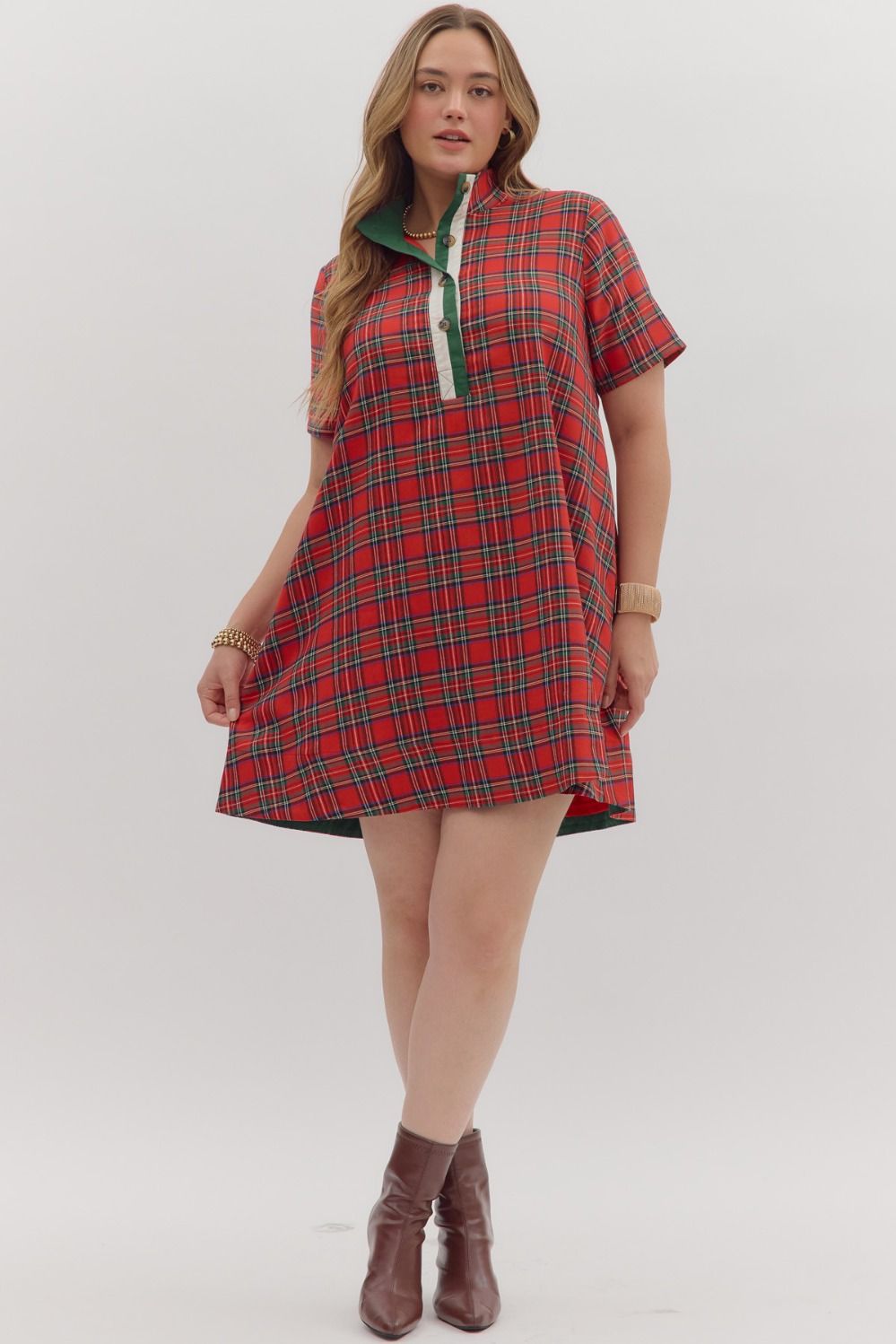 Women's red plaid dress with button front bodice and green trim by Entro  in plus size showing full front view