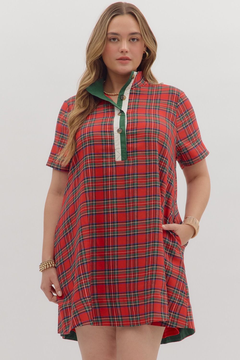 Women's red and green plaid dress with button front bodice and green trim by Entro in plus