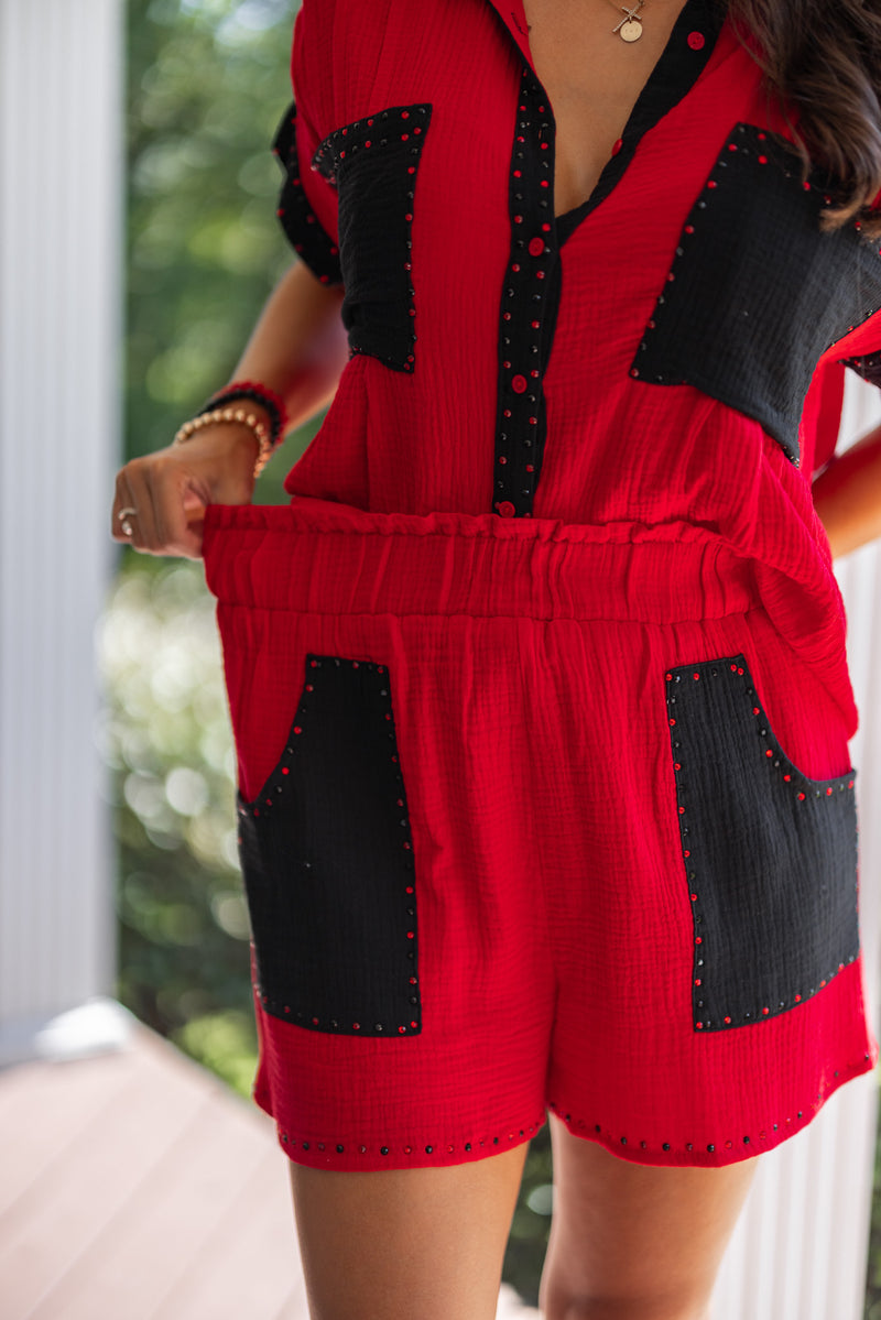 red black gauze rhinestone shorts outfit