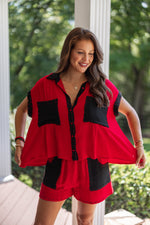 cute gameday red black matching shorts set