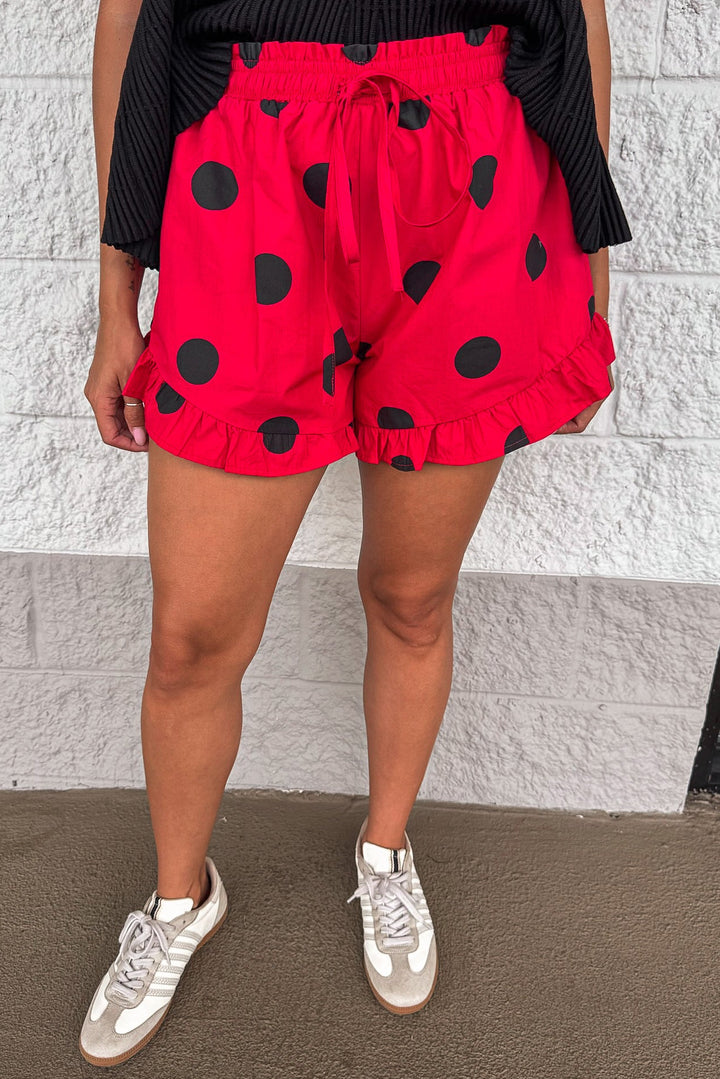 red with black polka dot print ruffled hem drawstring elastic waist cotton shorts