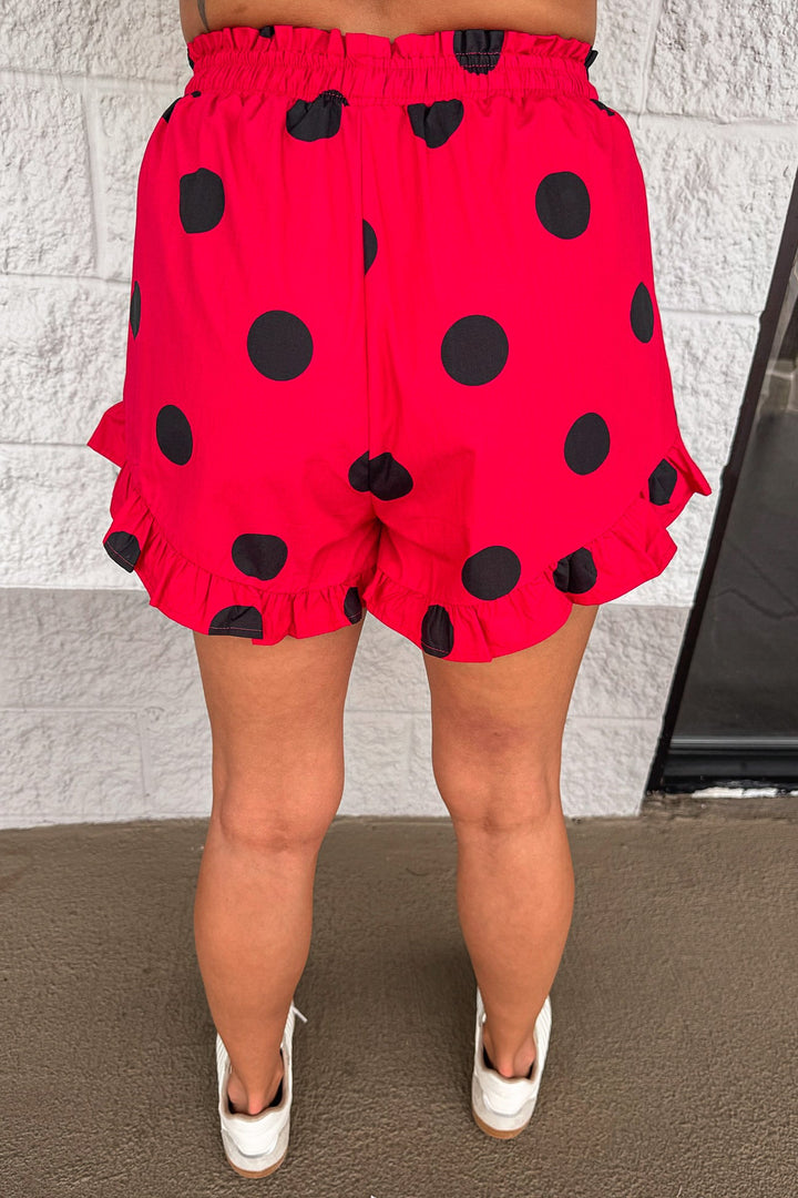 red with black polka dot print ruffled bottom hem elastic waist cotton shorts