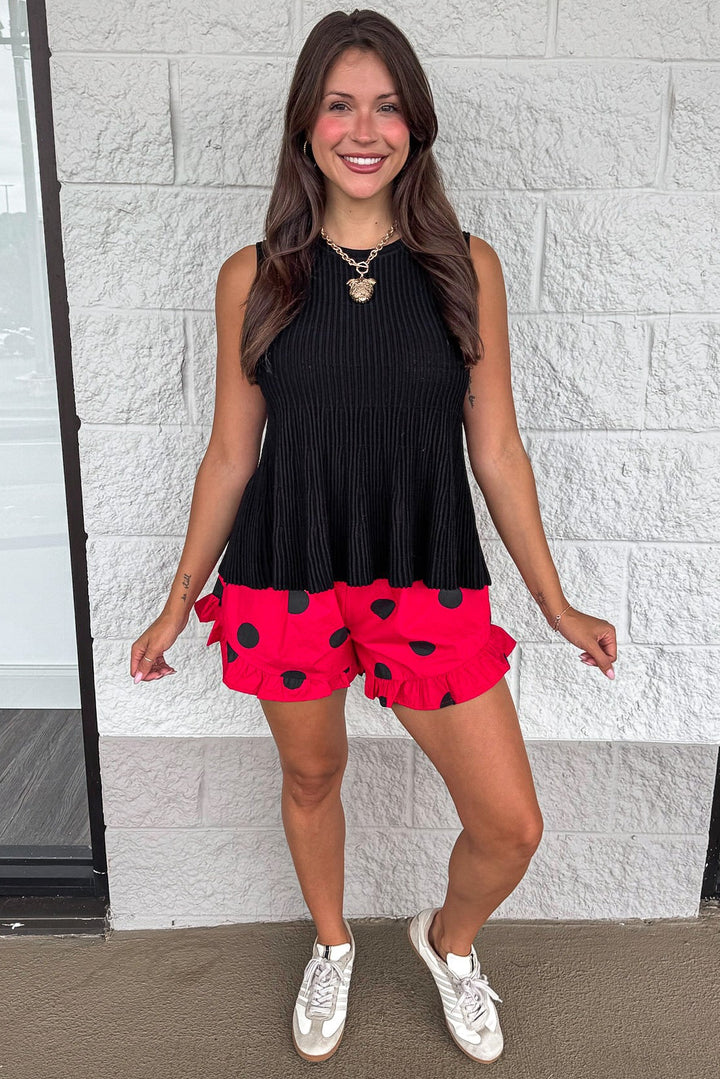 red with black polka dot print ruffled hem elastic waist cotton shorts