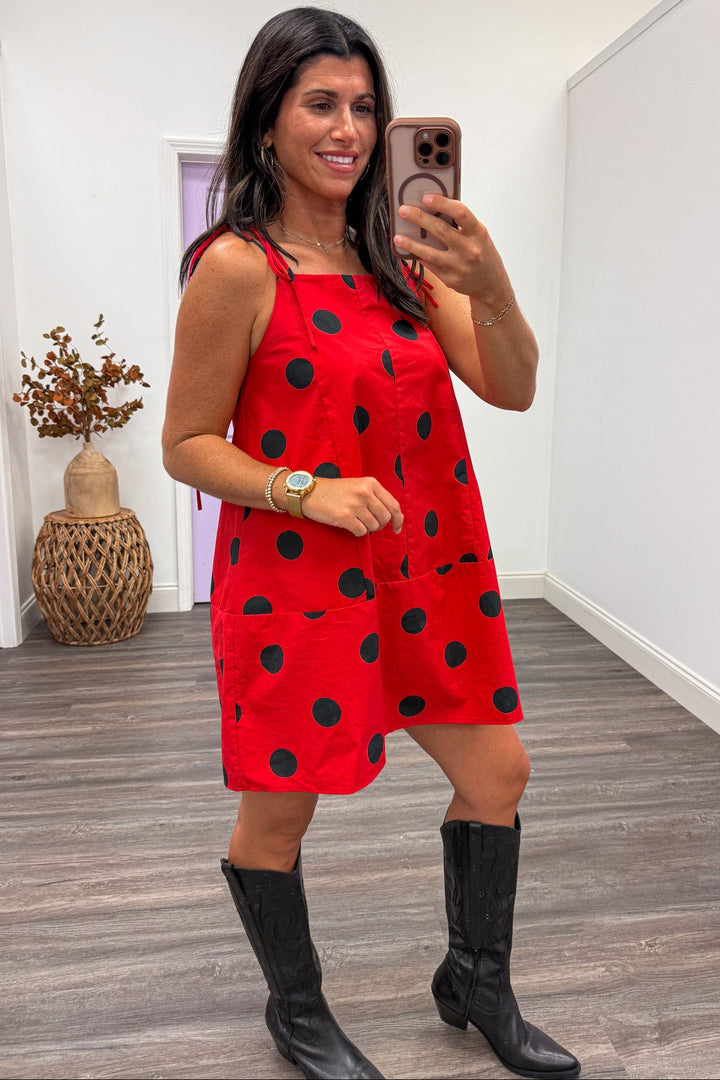 red with black polka dot print sleeveless spaghetti strap square neckline short dress