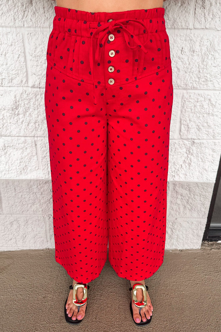 red with black polka dot print elastic waist wide leg cropped denim pants