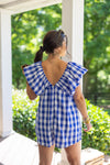 blue white gingham babydoll romper