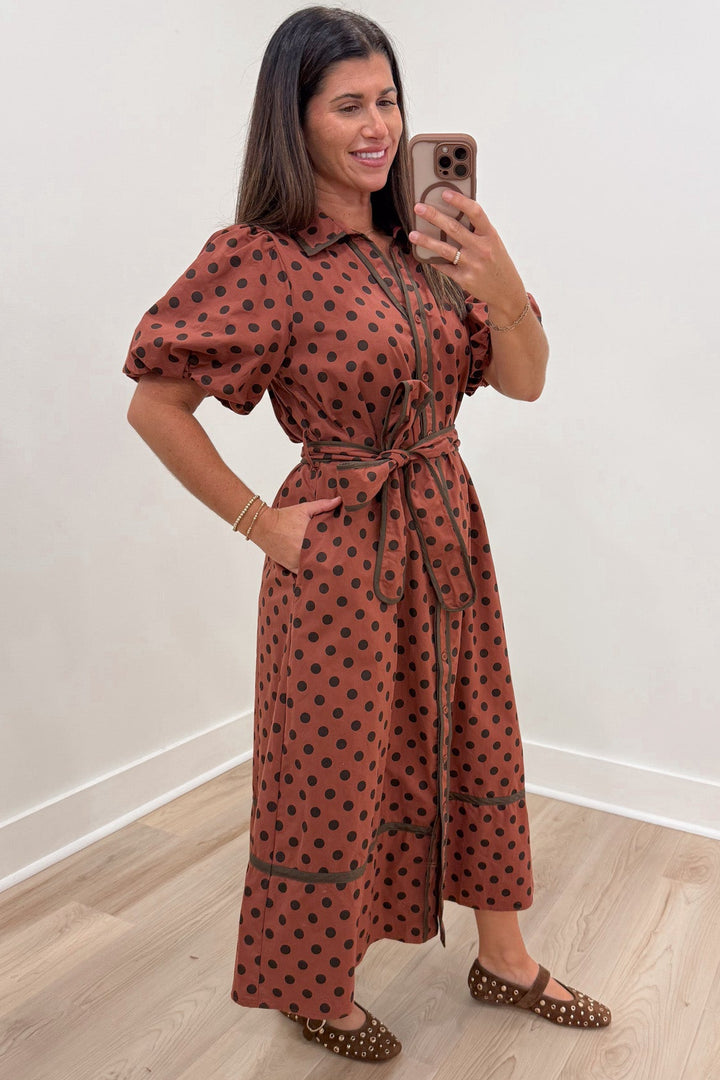 brick red with brown polka dot print puff sleeve button front cotton poplin midi dress with side pockets