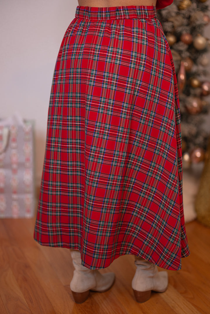 Women's red and green plaid midi skirt by Entro showing back view