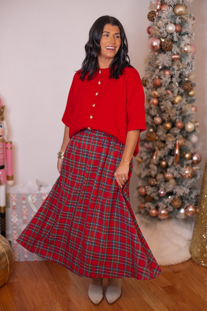 Women's red and green plaid midi skirt by Entro, perfect for family photos