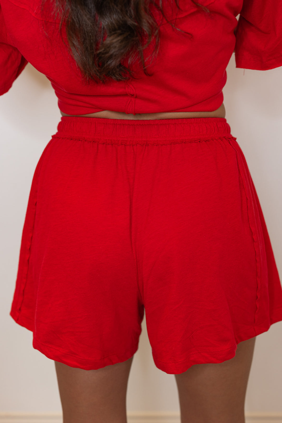 red cotton slub knit shorts shirt set