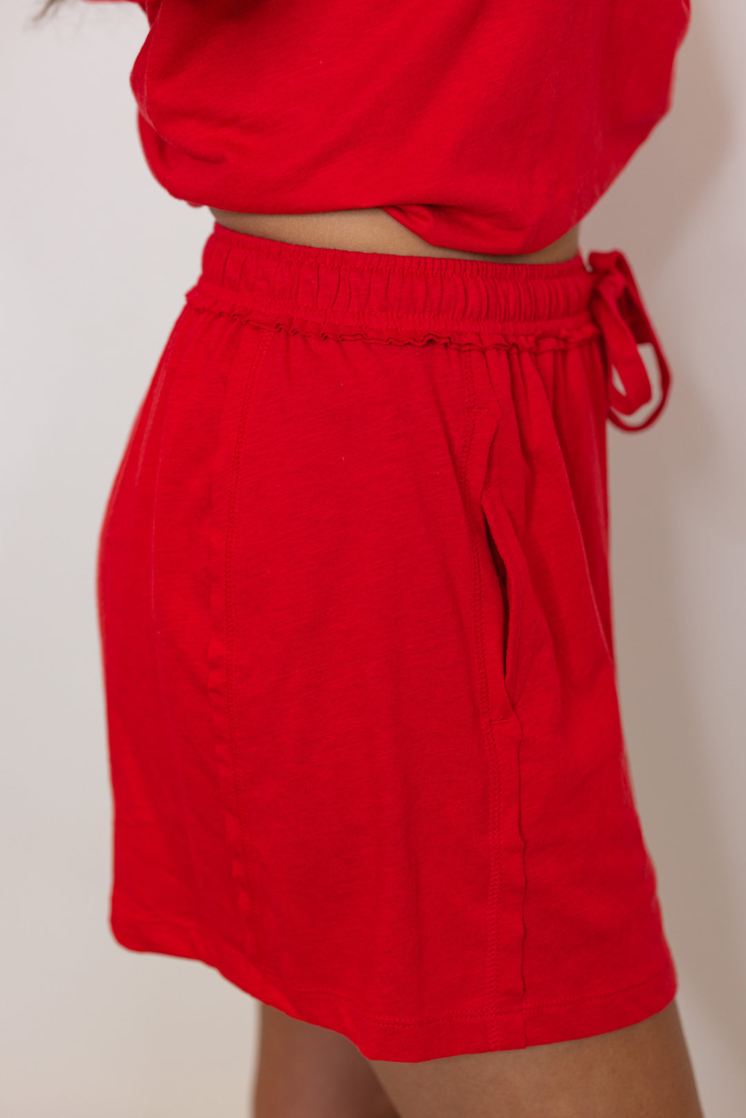 red cotton slub knit shorts shirt set