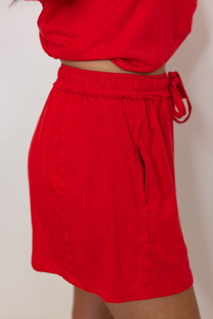 red cotton slub knit shorts shirt set